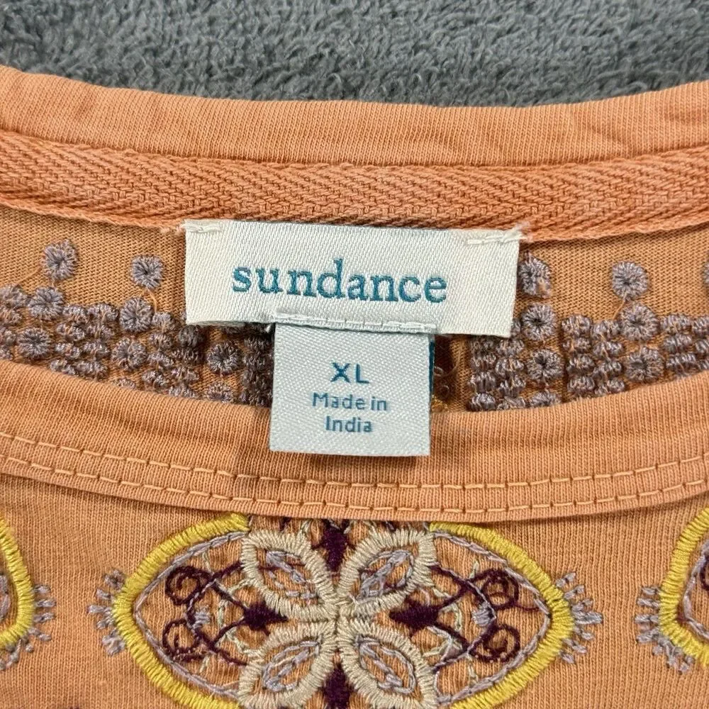 Sundance Orange Crewneck Blouse Top Embroidered Floral Short Sleeve Shirt XL - Picture 3 of 3
